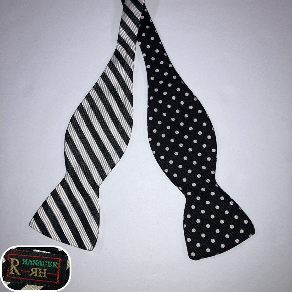 R Hanauer Silk Bow Tie Black White Polka Dot & Stripe Self Tie Adjustable - Picture 1 of 7